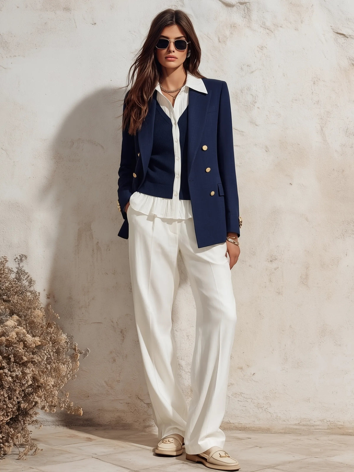 Nautical Riviera Off White High Waisted Pleated Wide Leg Trousers