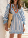 Romantic Bohemian V-Neck Embroidered Tassel Blue And White Striped Mini Dress