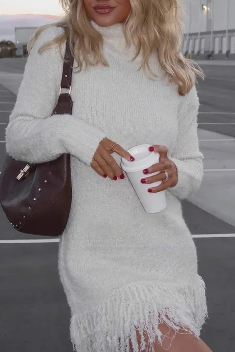 （ In stock）Women Turtleneck Tassel Knitted Sweater Dress