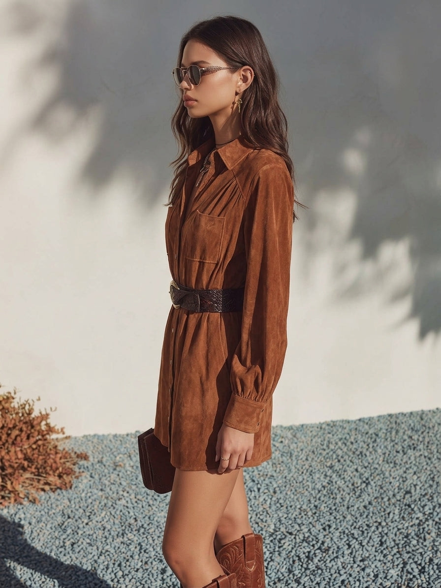 Western Vibe Cognac Brown Faux Suede Shirt Mini Dress