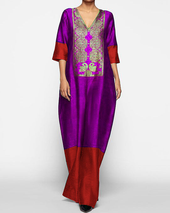 Satin embroidered kaftan dress