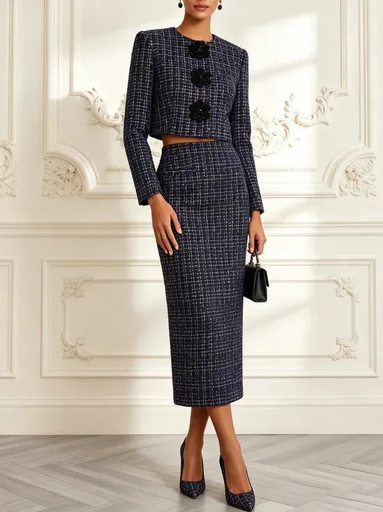 Women Navy Blue Buckle Crew Neck Long Sleeve Elegant Coat With Skirt Two-Piece Set