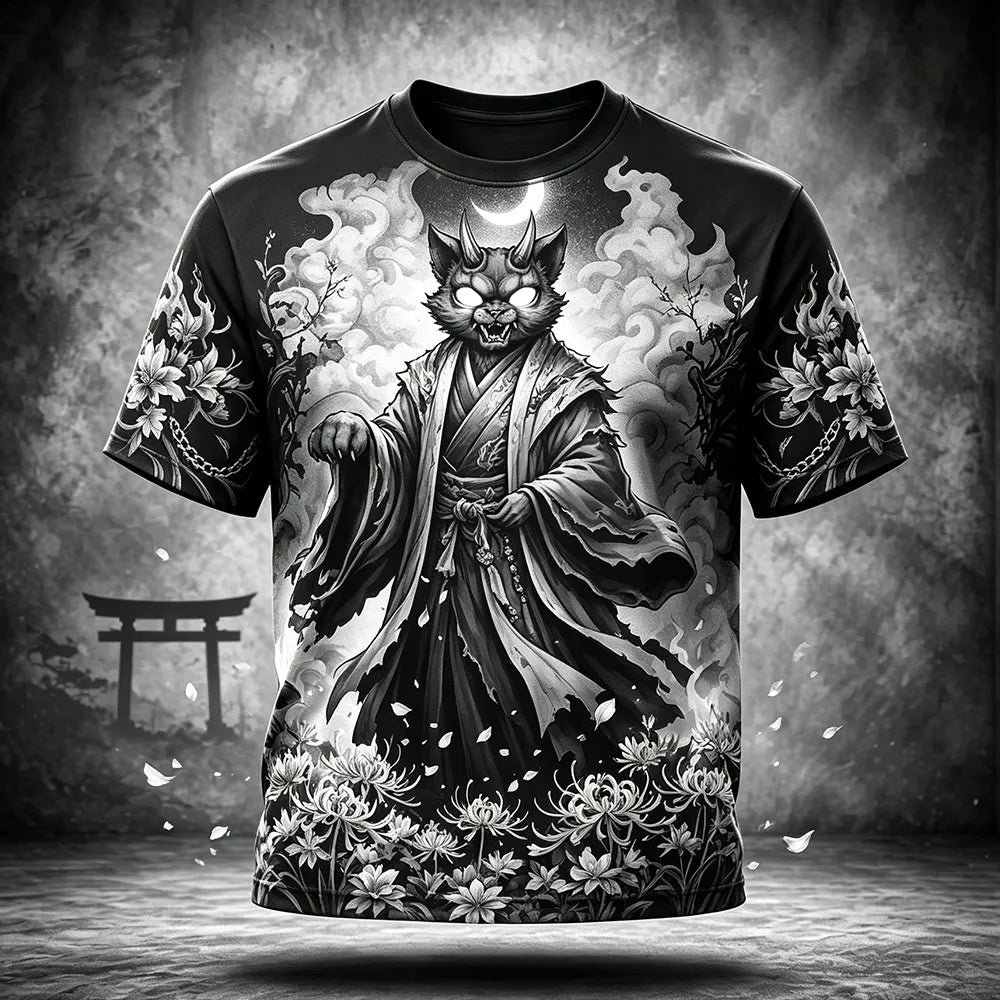 Men's Short Sleeve T-shirt Featuring Horned Demon Cat And Spider Lily Art