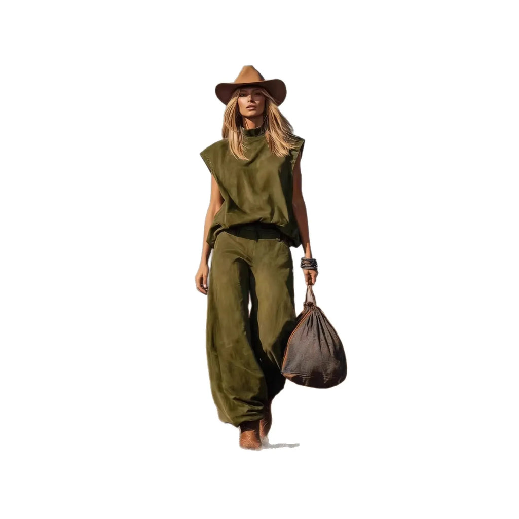 Cotton Denim Sleeveless High Neck Top & Wide Leg Pants Set - Boho Western Style Outfit For Women