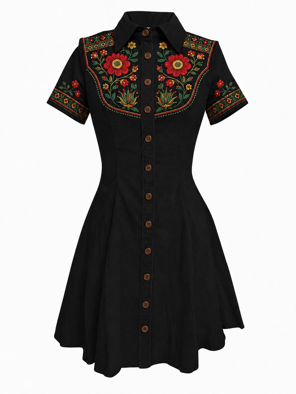2026 S/S Dark Vintage Aesthetic — Black Heavy Floral Button-Down A-Line 100% Cotton Mini Dress