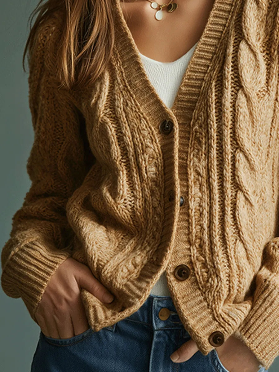 Cozy Camel Cable Knit Button Cardigan