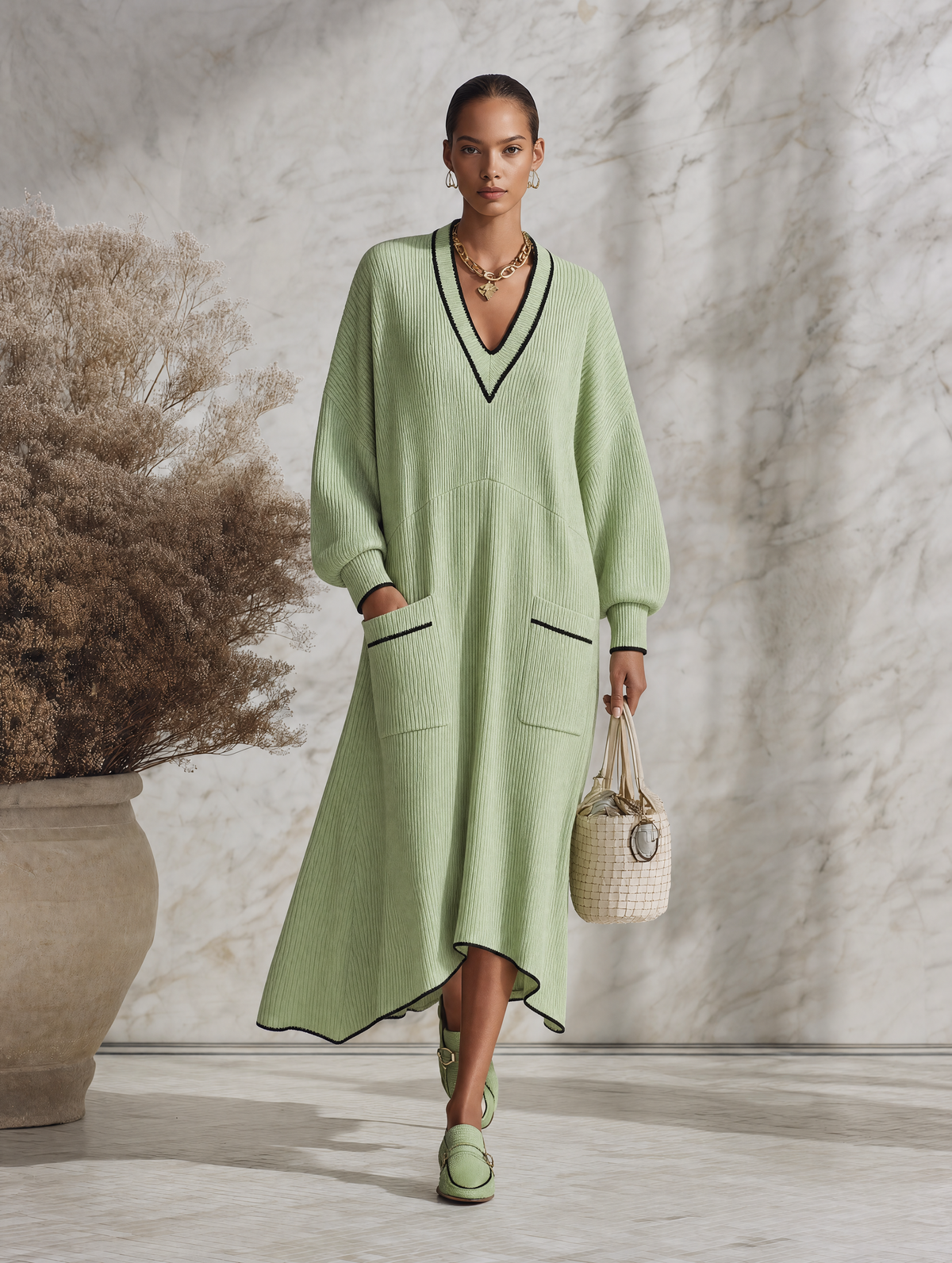Resort-style V-neck Dropped Shoulders Midi Dress