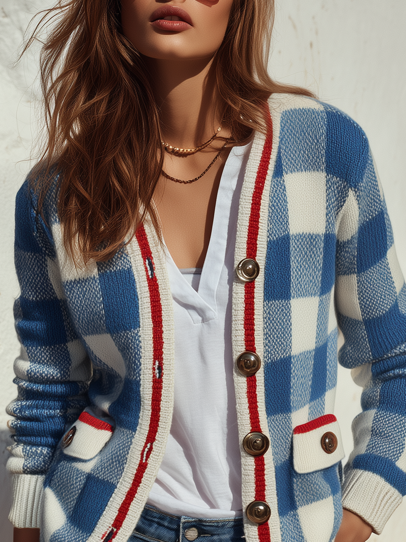 Retro Classic Checked Knit Cardigan