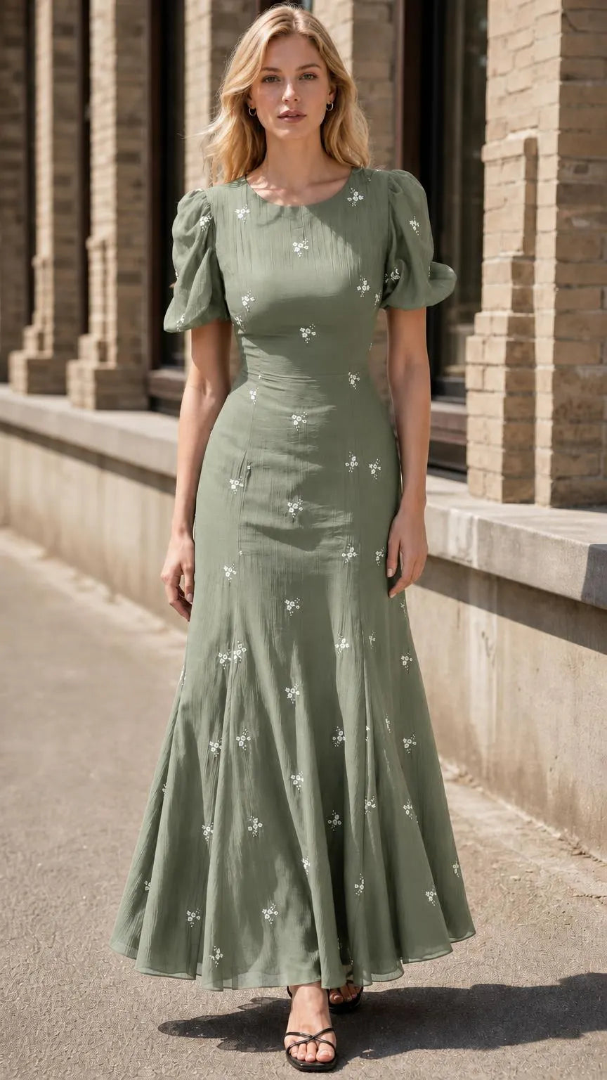 Women's Floral Embroidered Puff Sleeve A-Line Maxi Dress