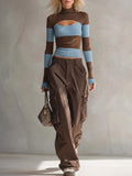 Y2K Retro Striped Cutout Turtleneck Knit Top & Cargo Pants Two Piece Set