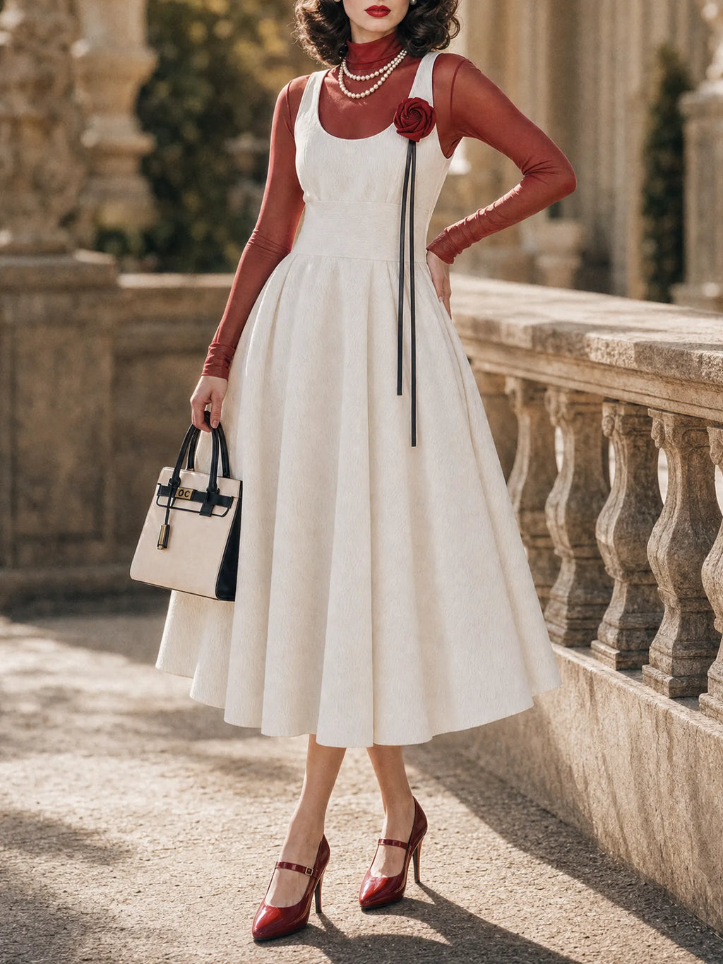 Vintage Sleeveless Midi Dress Sheer Mesh Top Two‑Piece Set