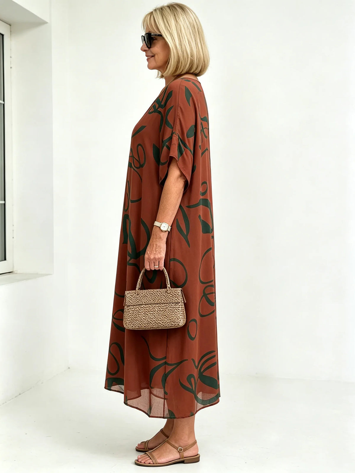 Black Abstract Print Chiffon Midi Dress, V-Neck Short Sleeve Loose Tummy Concealing Back Tie Vacation Dress for Mature Women