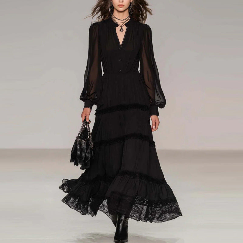 Elegant Black Tiered Maxi Dress With Sheer Sleeves And Lace Trim