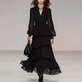 Elegant Black Tiered Maxi Dress With Sheer Sleeves And Lace Trim