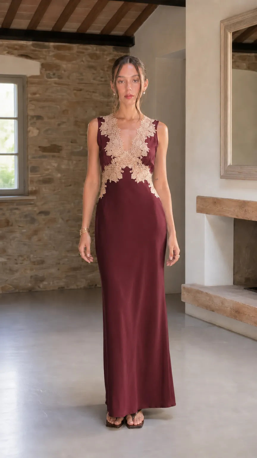 Elegant Contrast Lace Trim Sleeveless Satin Maxi Dress