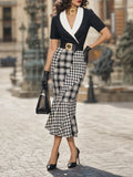 Vintage Contrast Lapel Black White Gingham Mermaid Midi Dress