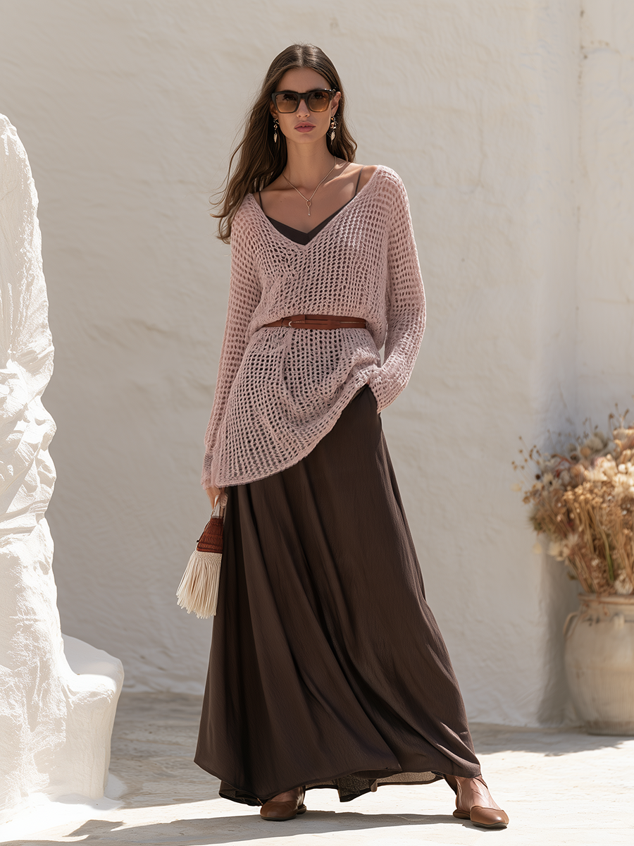 Dusty Pink Open Knit Crochet V Neck Sweater And Flowing Chocolate Brown Maxi Skirt Two Piece Set