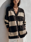 Women's Color-Block Striped V-Neck Knit Cardigan MDZ0153I4ZRK