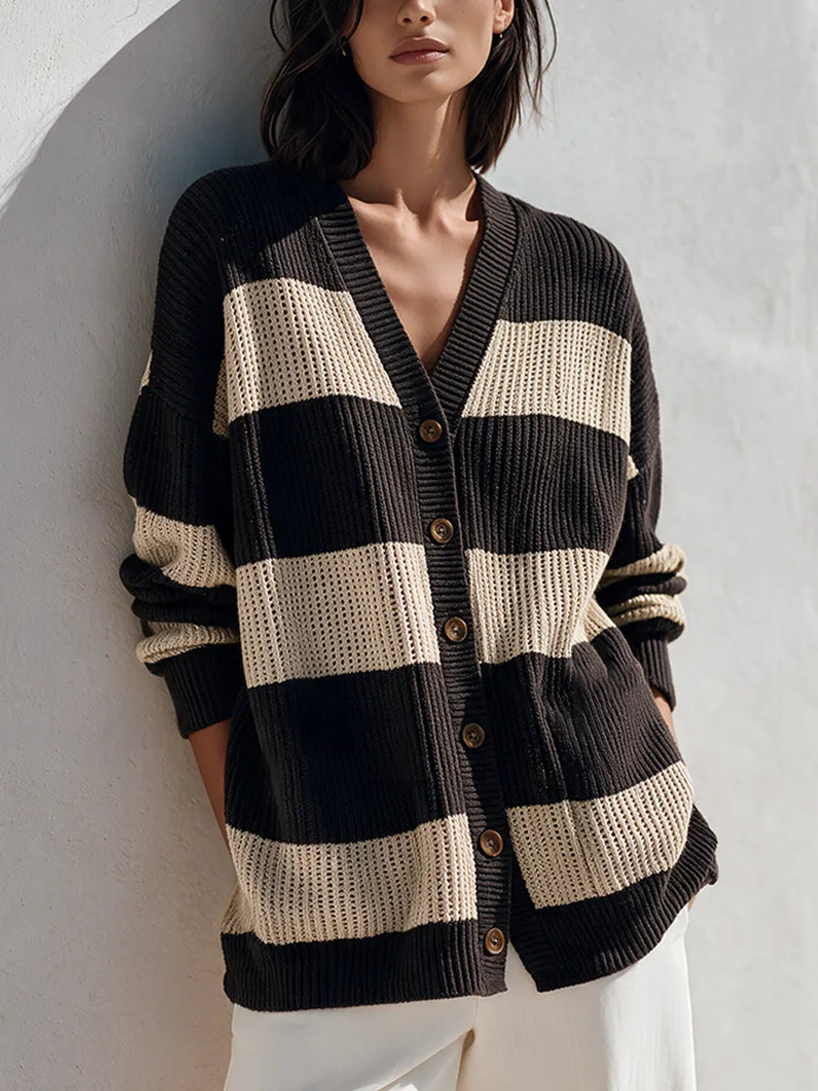 Women's Color-Block Striped V-Neck Knit Cardigan MDZ0153I4ZRK