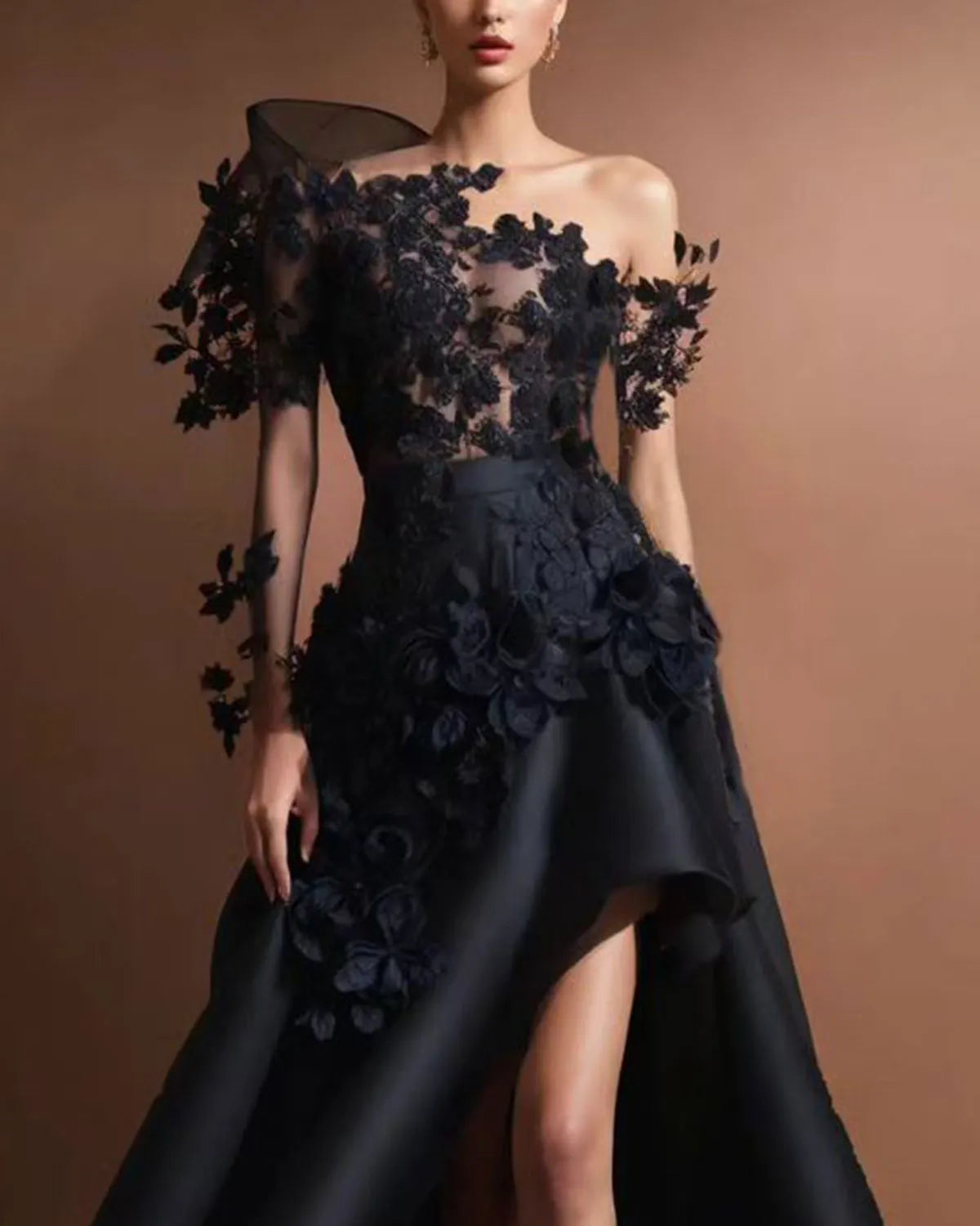 One-shoulder embroidered appliqué tulle dress