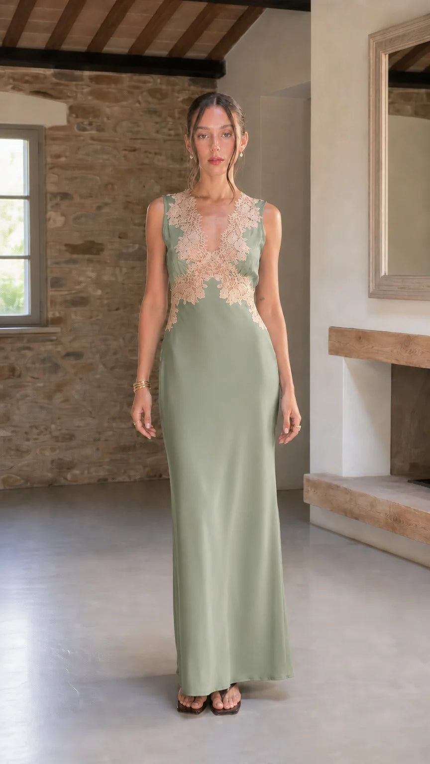 Elegant Contrast Lace Trim Sleeveless Satin Maxi Dress