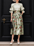 Vintage Pleated Blouse & Floral Print Skirt Two Piece Set