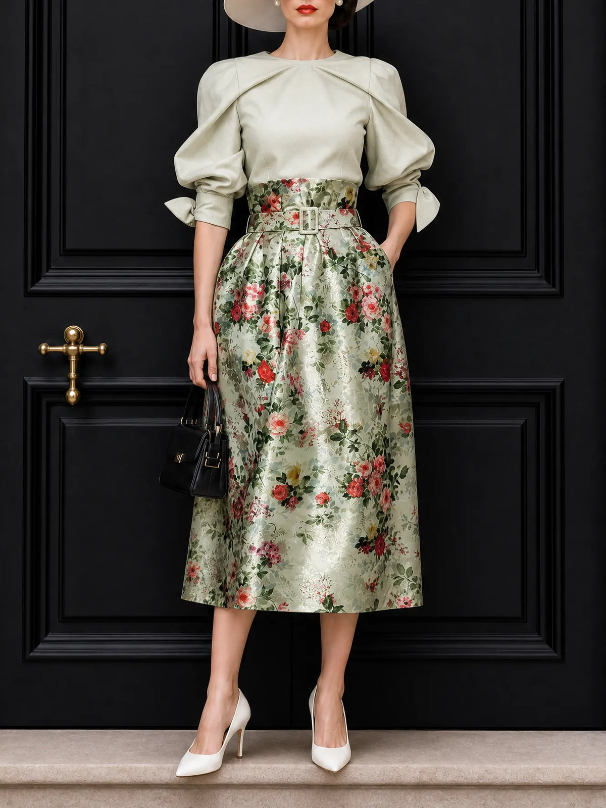 Vintage Pleated Blouse & Floral Print Skirt Two Piece Set