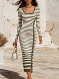 Resort-style U-neck Striped Long-sleeved Midi Dress