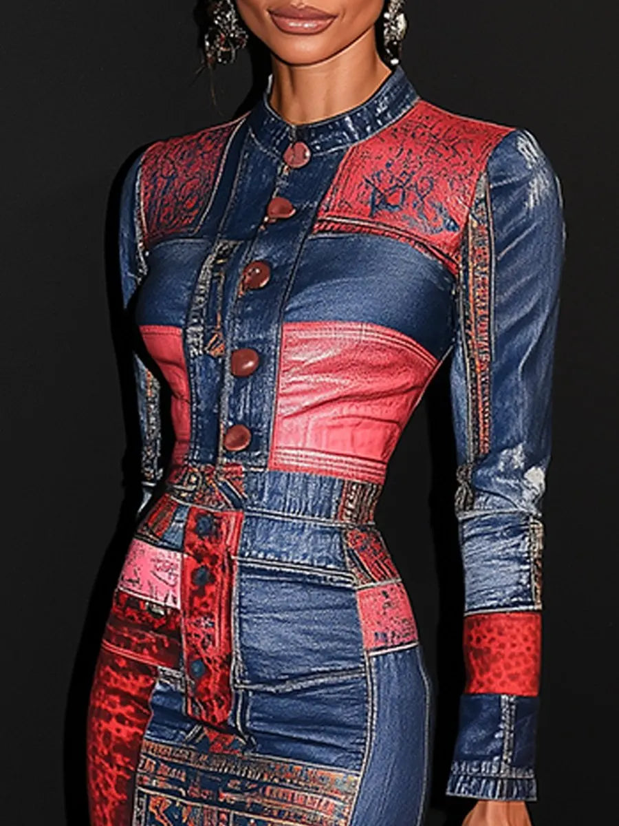 Chic Patchwork Bodycon Midi Dress