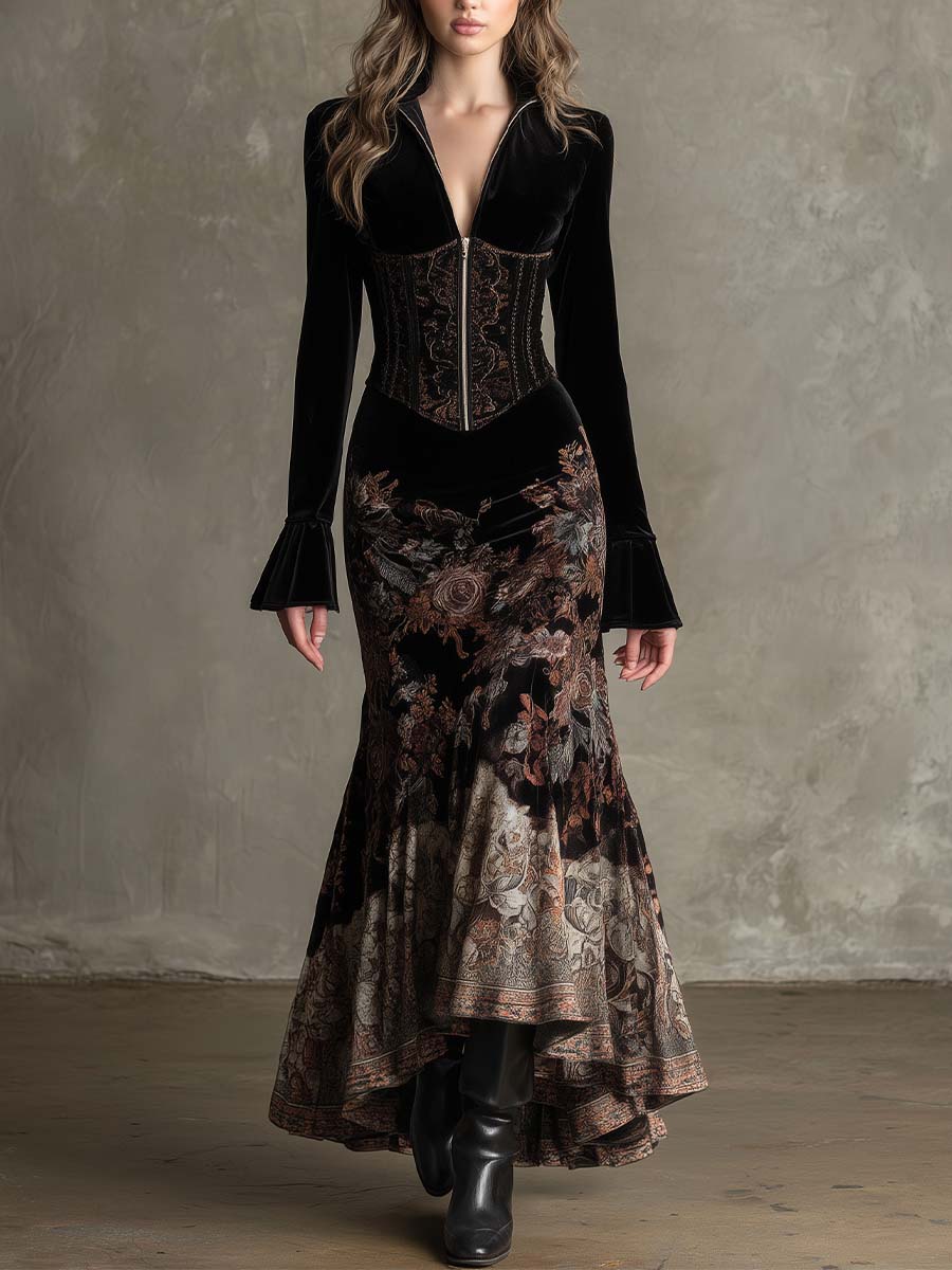 Baroque Floral Velvet Maxi Dress With Corset Waist