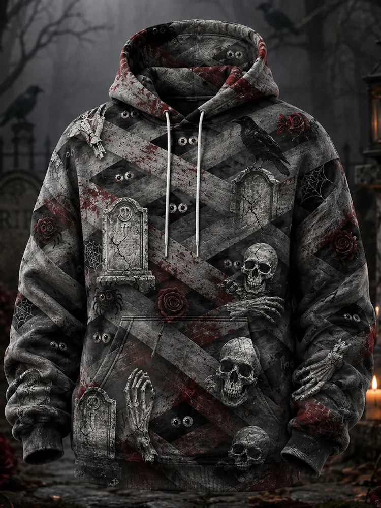 Men's Vintage Halloween Bandaged Skull Art Print Casual Hoodie