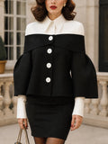Vintage Black White Foldover-Collar Bell-Sleeve Button Jacket