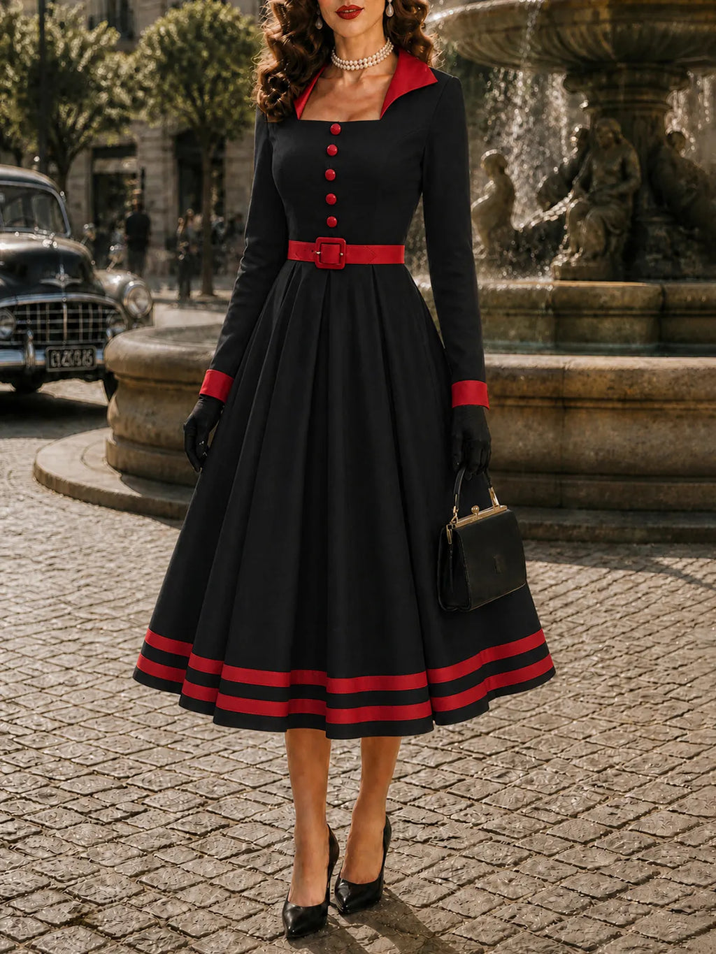 Vintage Black Red-Trim Long Sleeve A-Line Dress