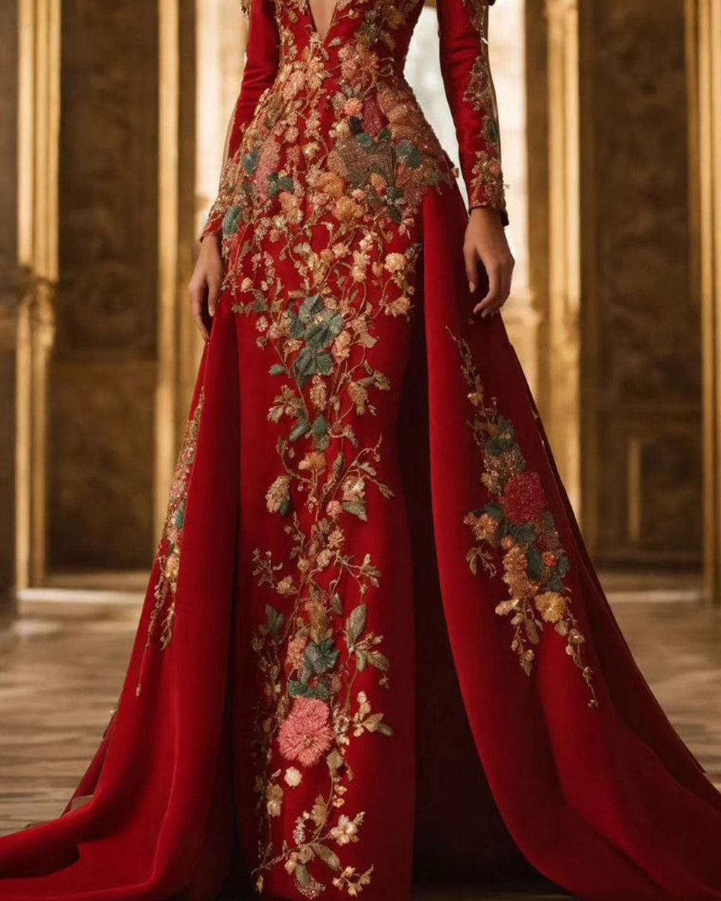 Luxurious Embroidered Flower Long Sleeve Gown