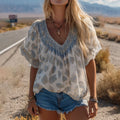 Retro White Paisley Print Chiffon V-neck T-shirt