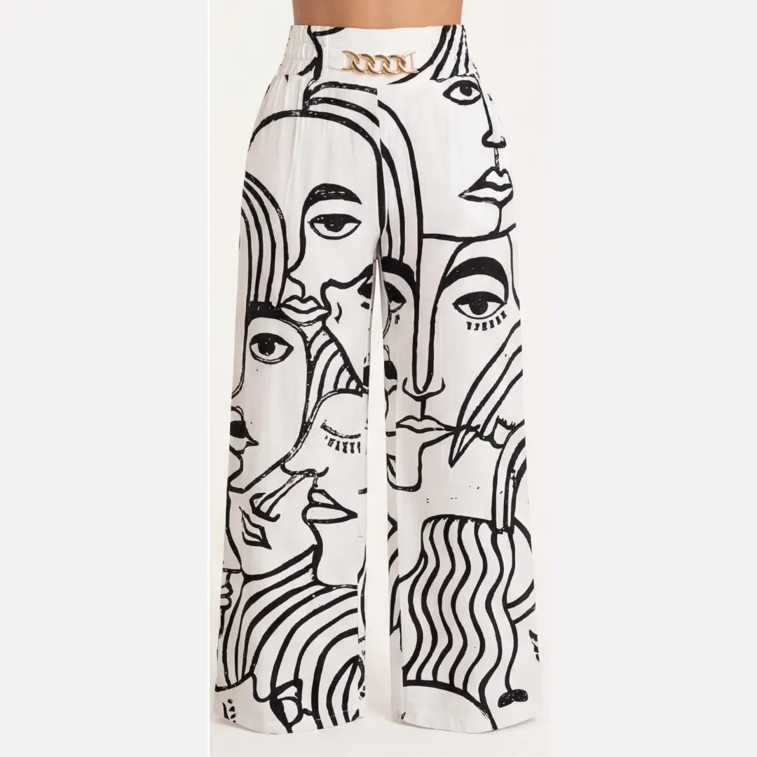 Elegant Linen Wide Leg Trousers, High Waist with Statement Chain Detail