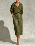 Olive Green Collar Knit Top And Zebra Linen Midi Skirt Two‑Piece Set