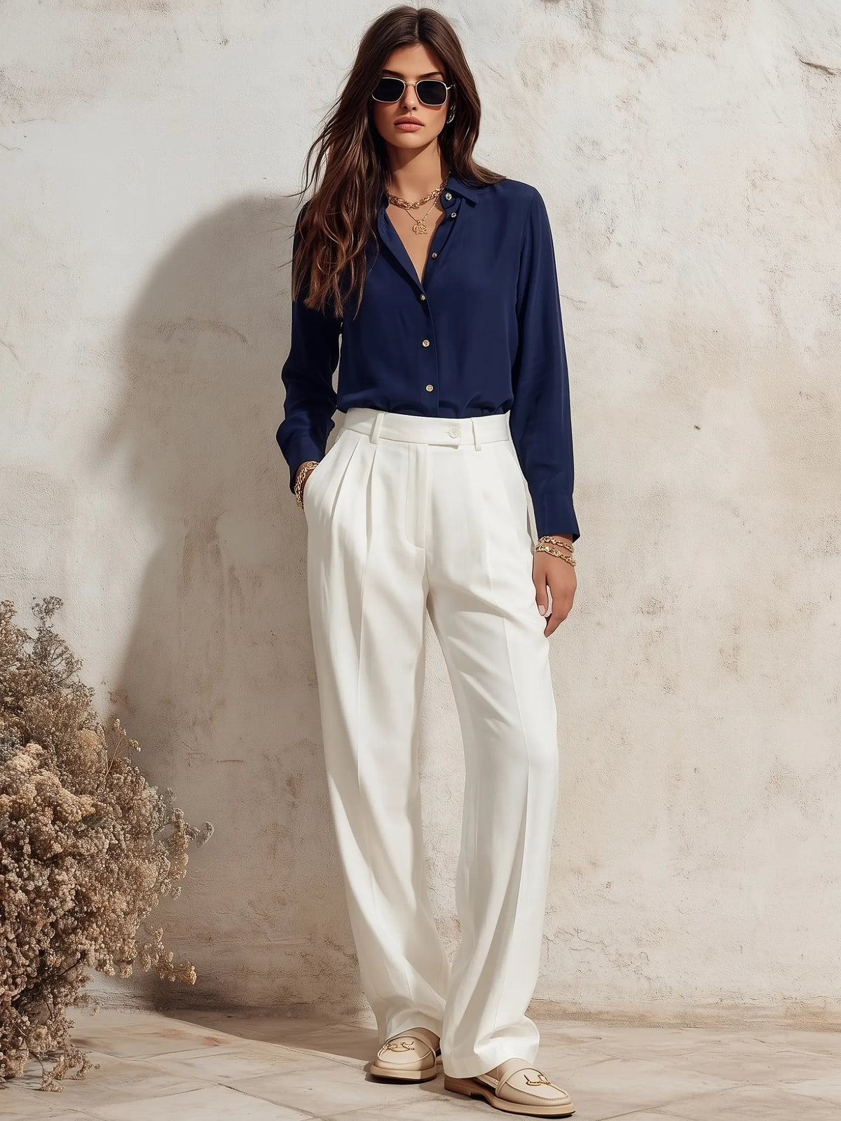 Nautical Riviera Off White High Waisted Pleated Wide Leg Trousers
