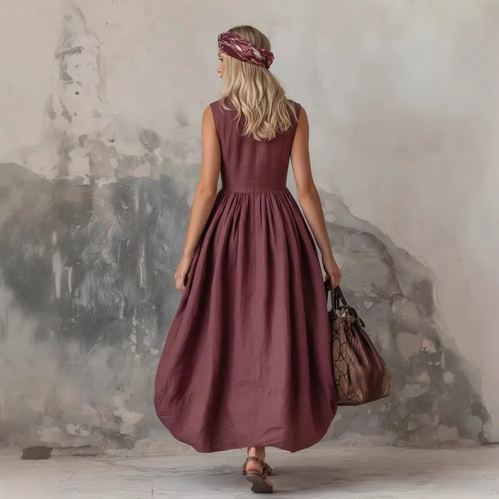 Linen Sleeveless Button-Down Midi Dress For Women - Boho Maxi Dress With Collar And Side Pockets