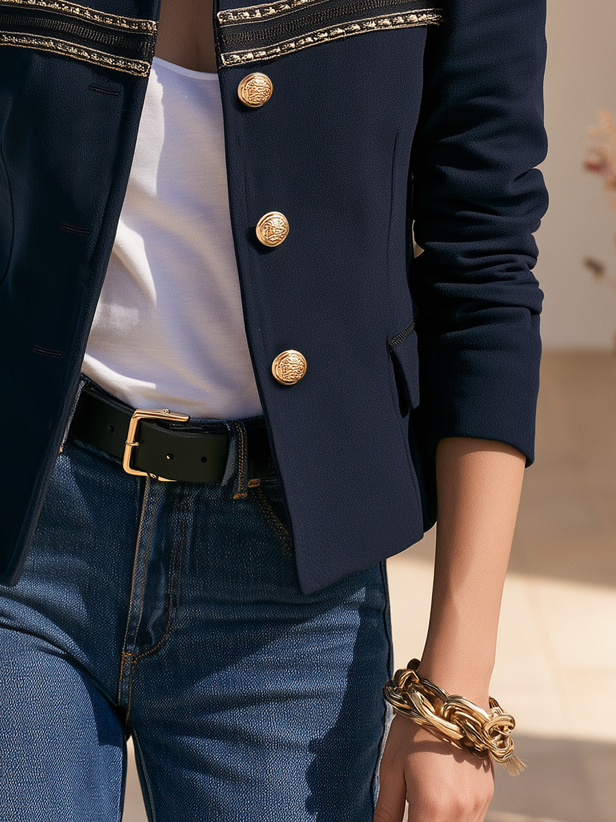 Old Money Gold Ribbon Trim Stand Collar Navy Jacket