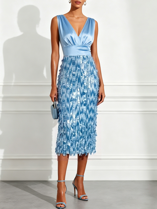 Light Blue Sequin V Neck Sleeveless Sheath Midi Dress