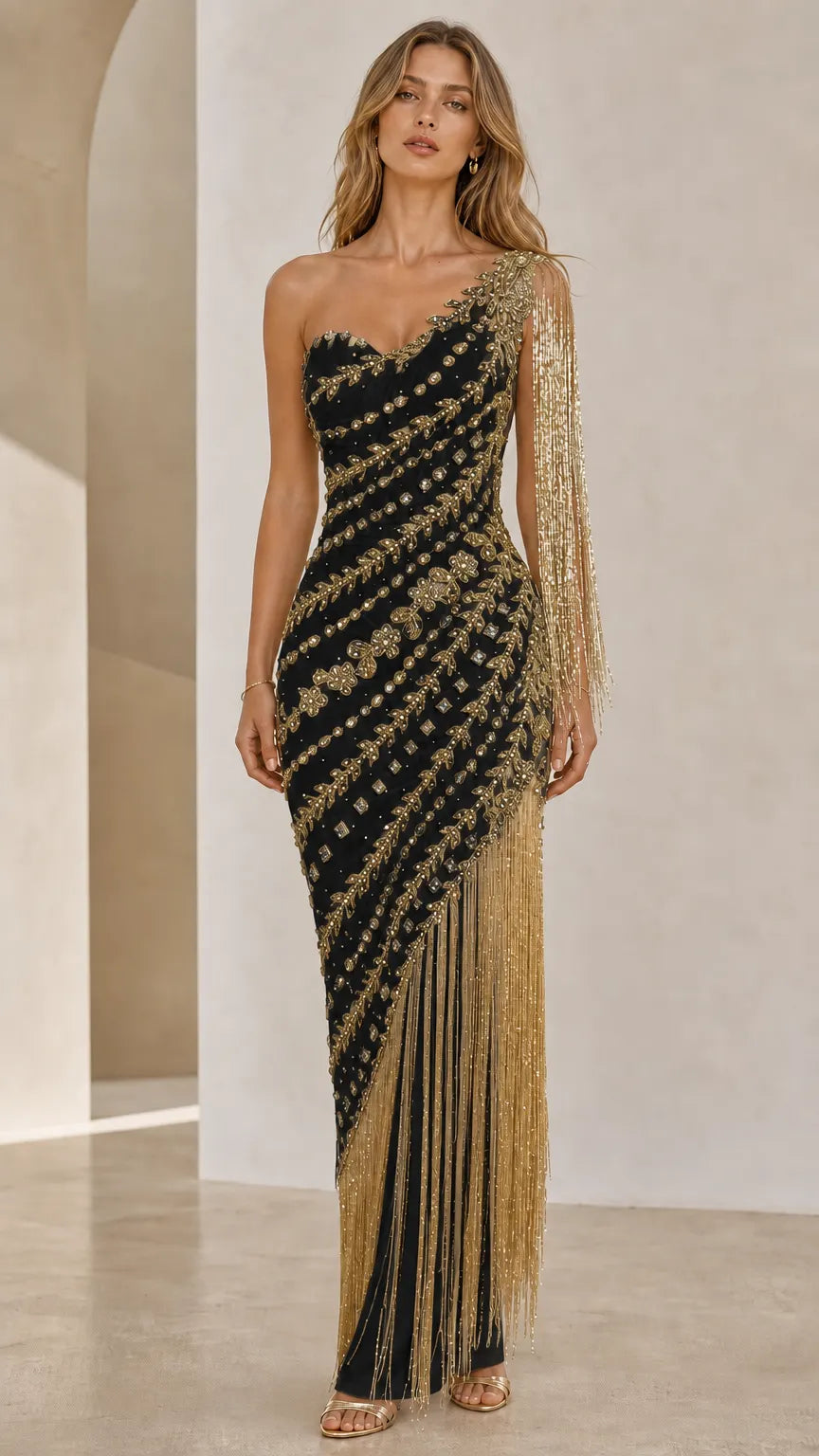 One-Shoulder Beaded Fringe Evening Gown