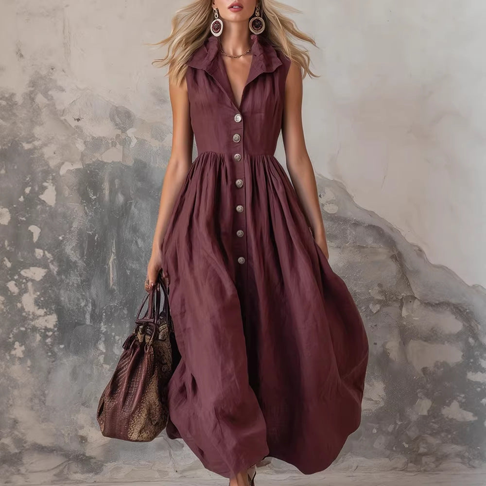 Linen Sleeveless Button-Down Midi Dress For Women - Boho Maxi Dress With Collar And Side Pockets
