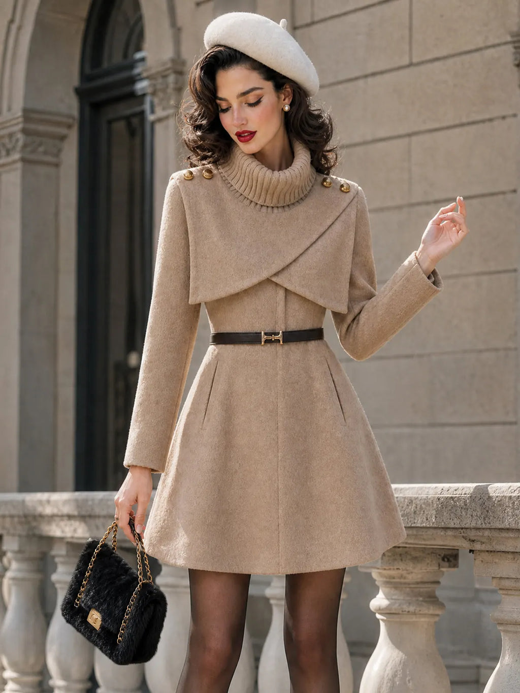 Vintage Camel Turtleneck Capelet Belted Wool A-Line Dress