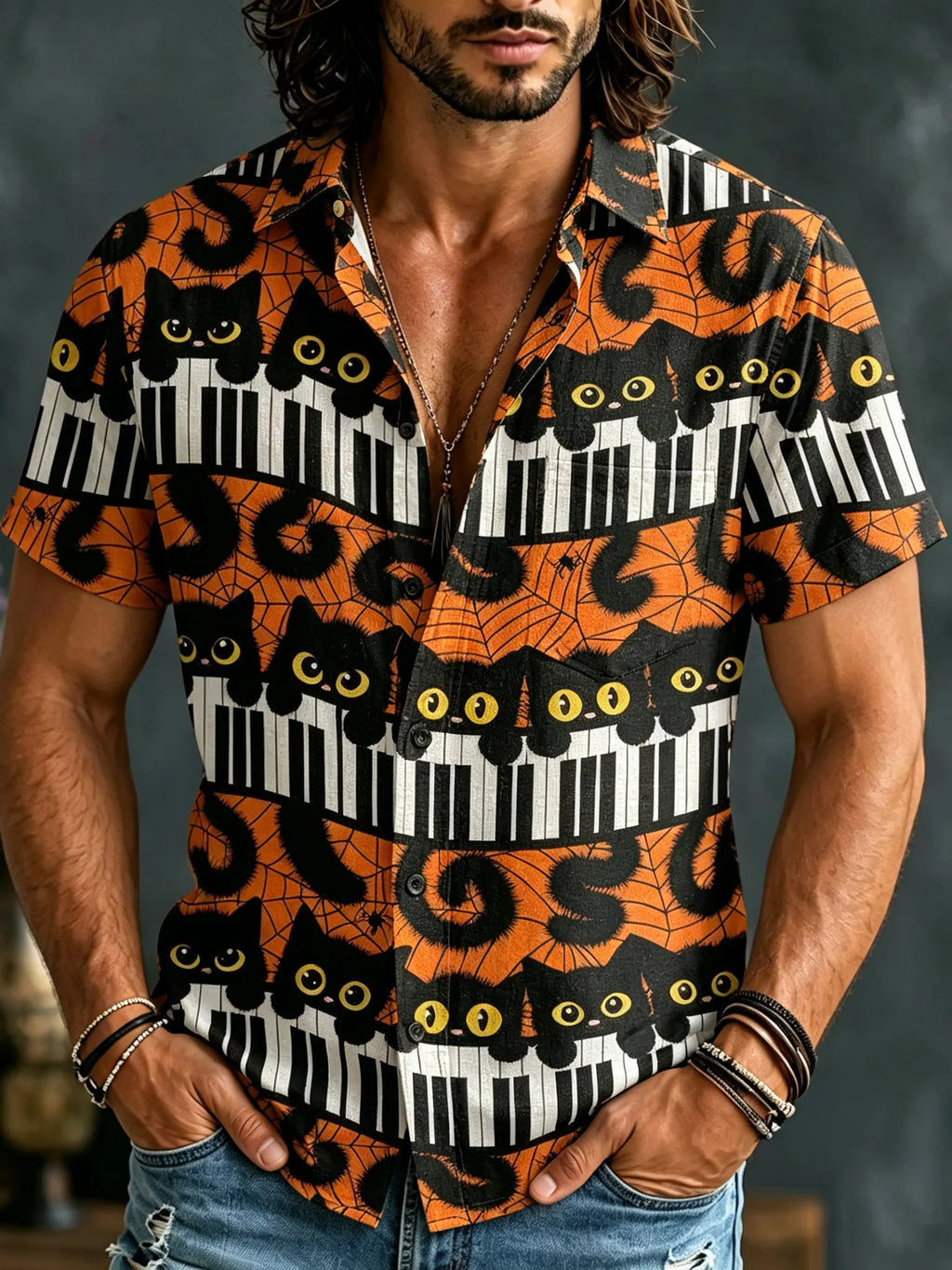 Men's Retro Halloween Black Cat Piano Print Short-sleeve Shirt