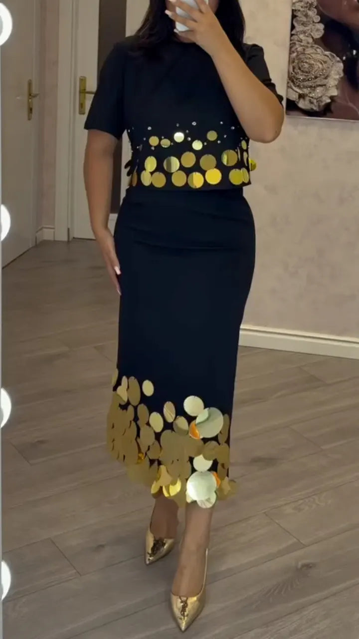 Black Gold Sequin Two‐Piece Skirt Set