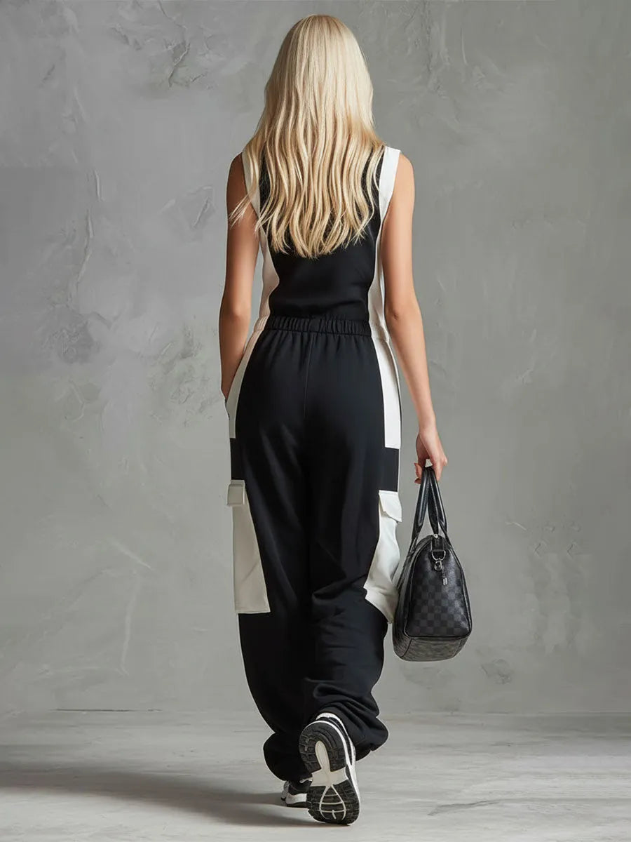 Casual Retro Sporty Black And White Color-blocked V-neck Half-zip Jumpsuit