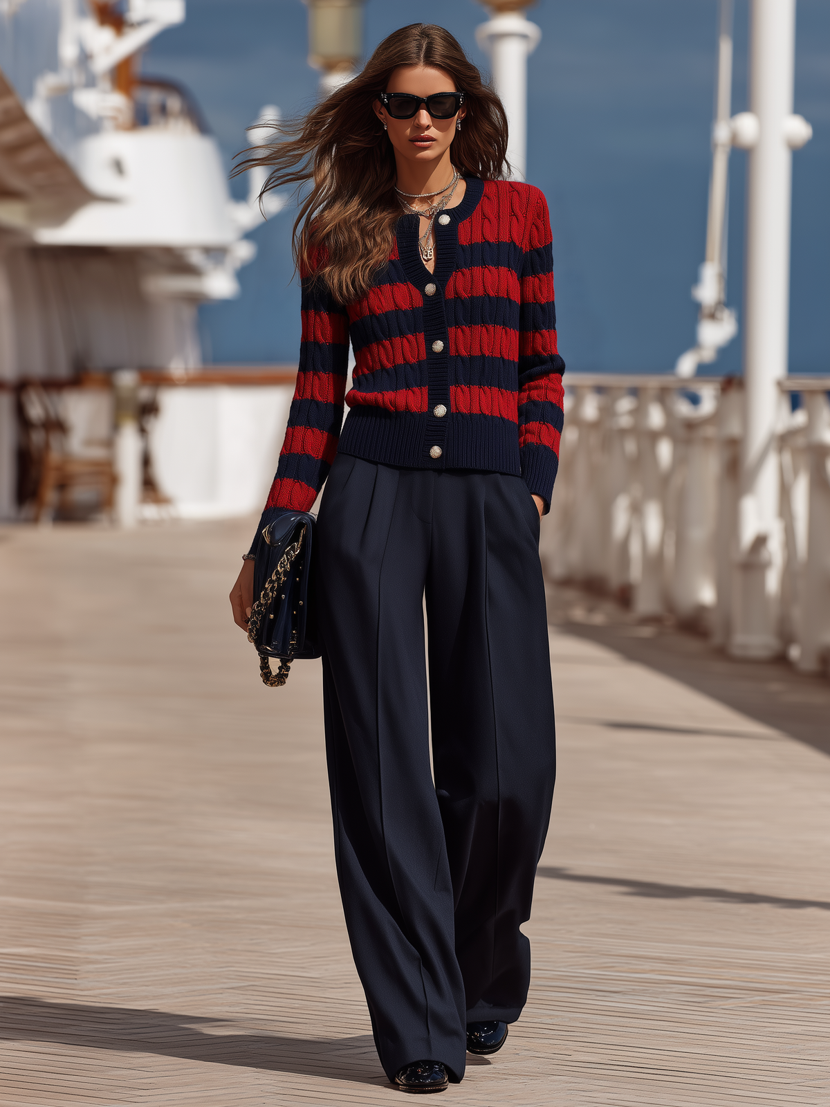 Vacation Retro Striped Knit Cardigan And Solid Color Wide-leg Pants Set