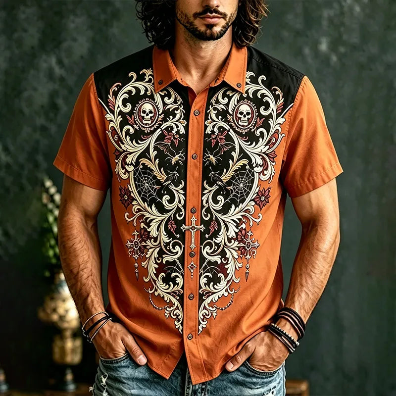Men's Gothic Halloween Plant And Skull Combo Short-sleeve Shirt