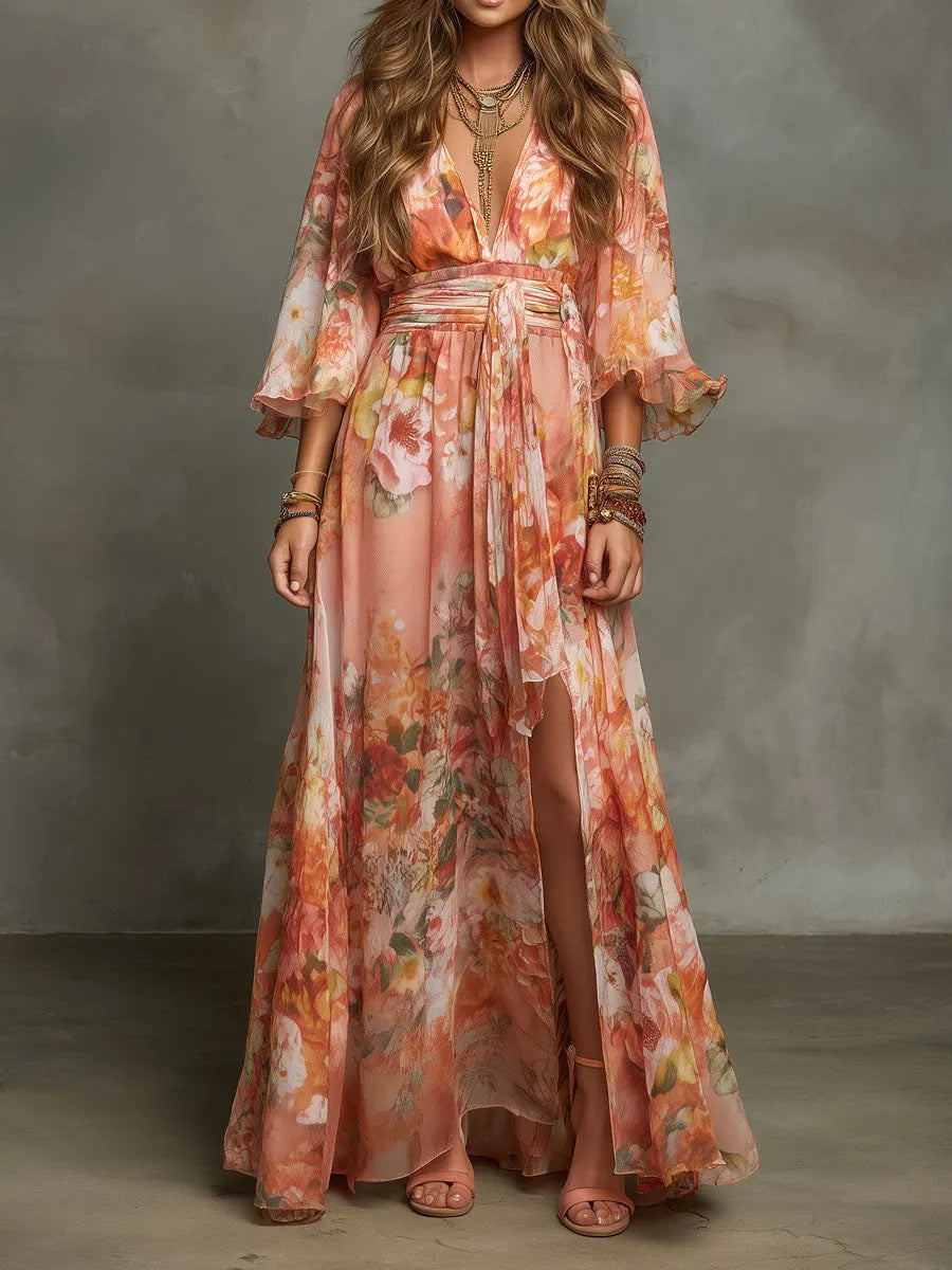 Boho Peach Floral Chiffon Bell Sleeves Maxi Dress